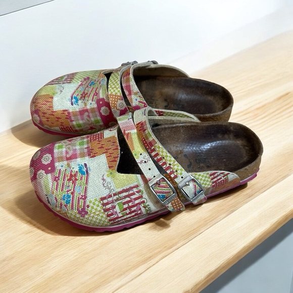 BIRKI’s by Birkenstock Floral Patchwork Girls Clogs Pink  Vegan‎ Leather Size 35 - Picture 1 of 11